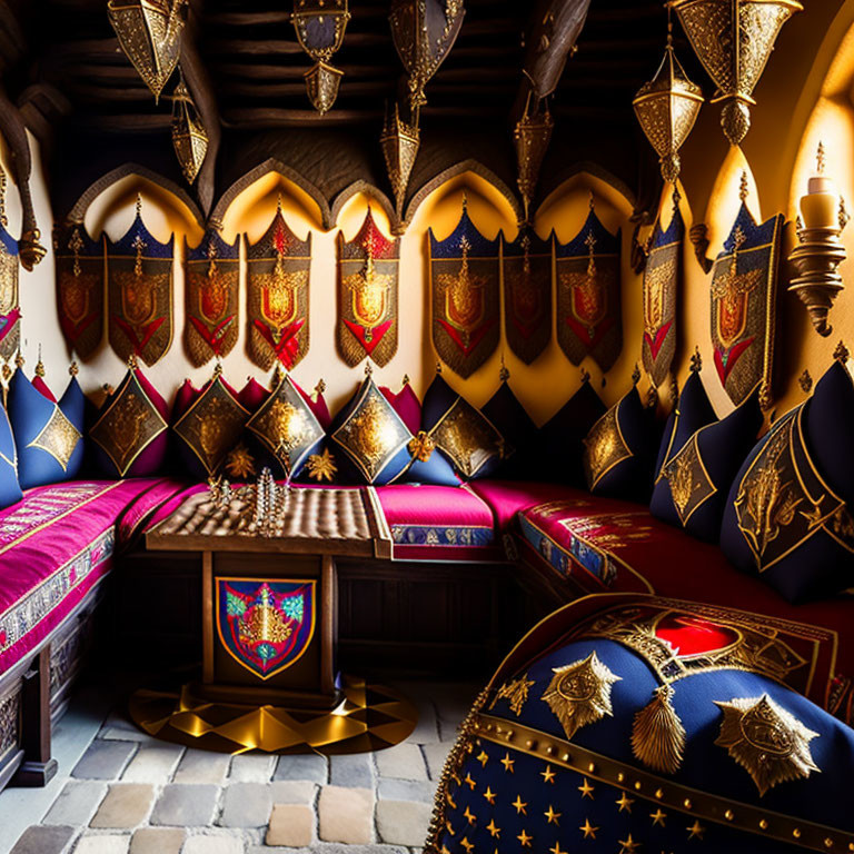Medieval-themed room with heraldic shields, golden chandeliers, and royal blue & red upholstery