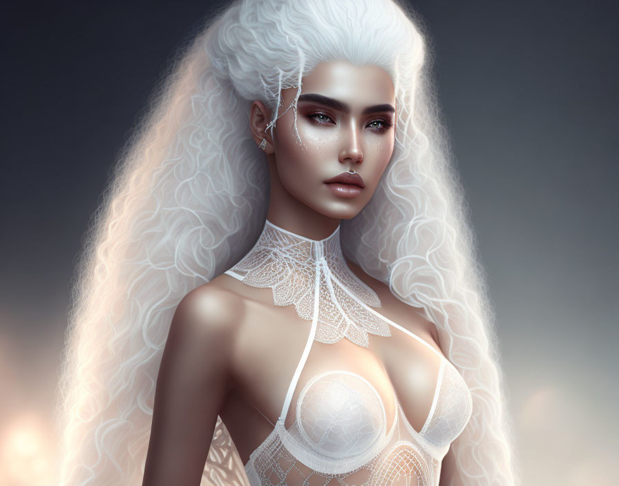 Digital Artwork: Woman with White Hair and Lace Details