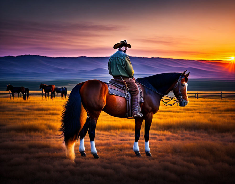 Cowboy on horseback watching sunset over golden field with grazing horses