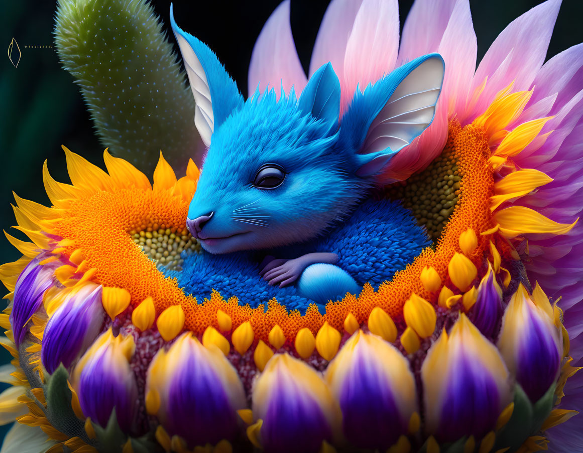 Blue Furry Creature with Large Ears in Sunflower Garden