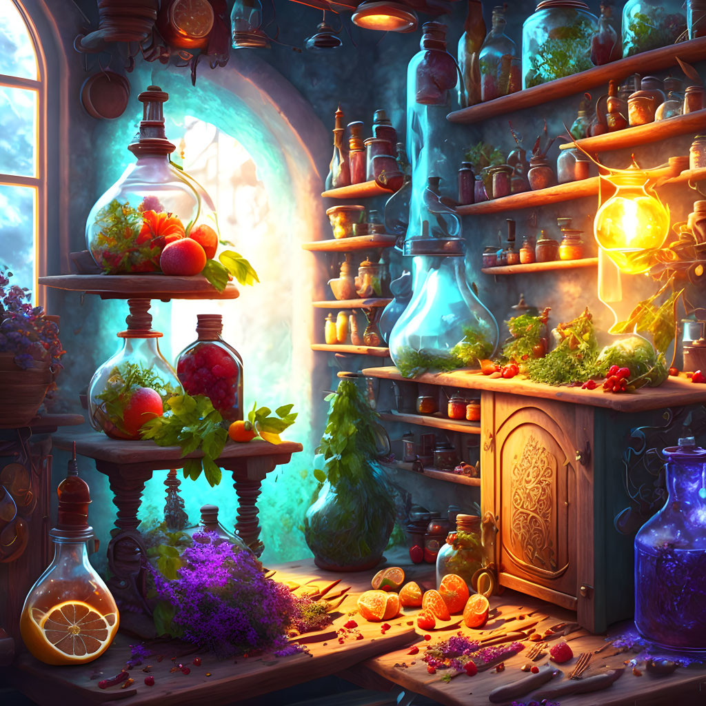 Colorful ingredients and glowing bottles in magical potion shop