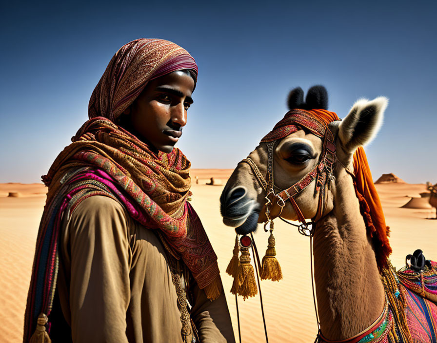 Traditional attire person and decorated camel in desert scene.