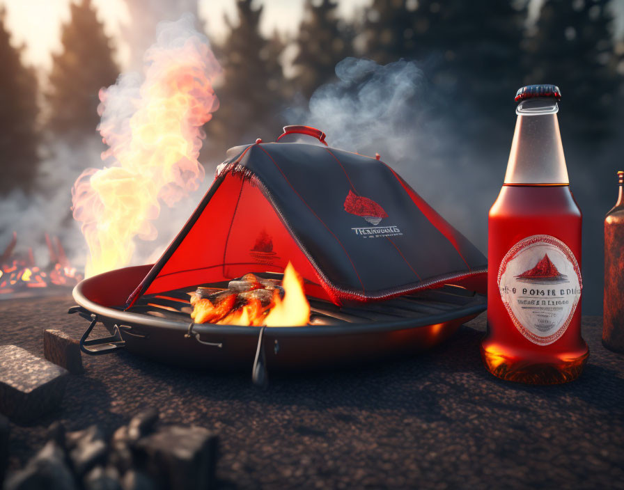 Miniature tent on grill with fire, custom labeled bottle in twilight woodland.