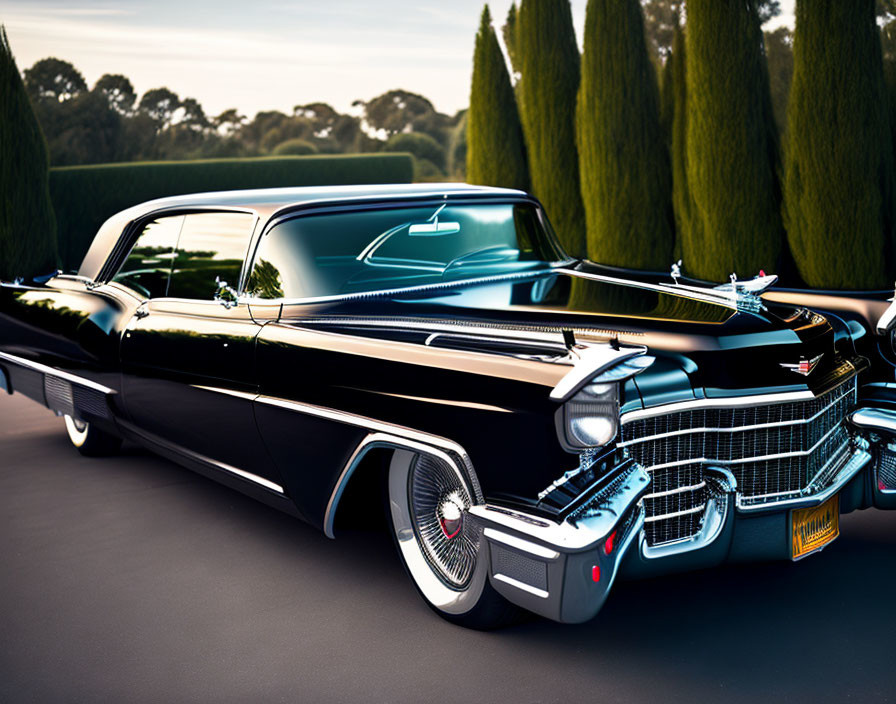 Vintage black Cadillac with chrome details and white-wall tires parked outdoor at sunset