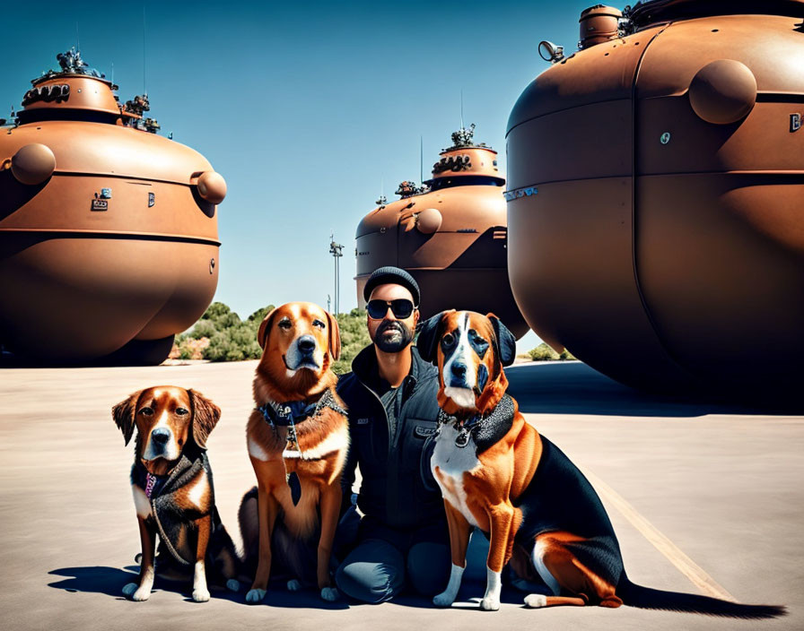 Man with sunglasses kneeling with three dogs in front of futuristic brown spherical structures