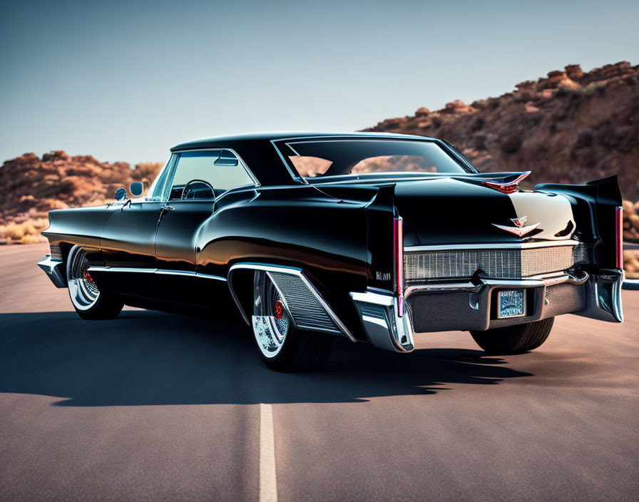 Vintage black Cadillac with tail fins driving on desert road