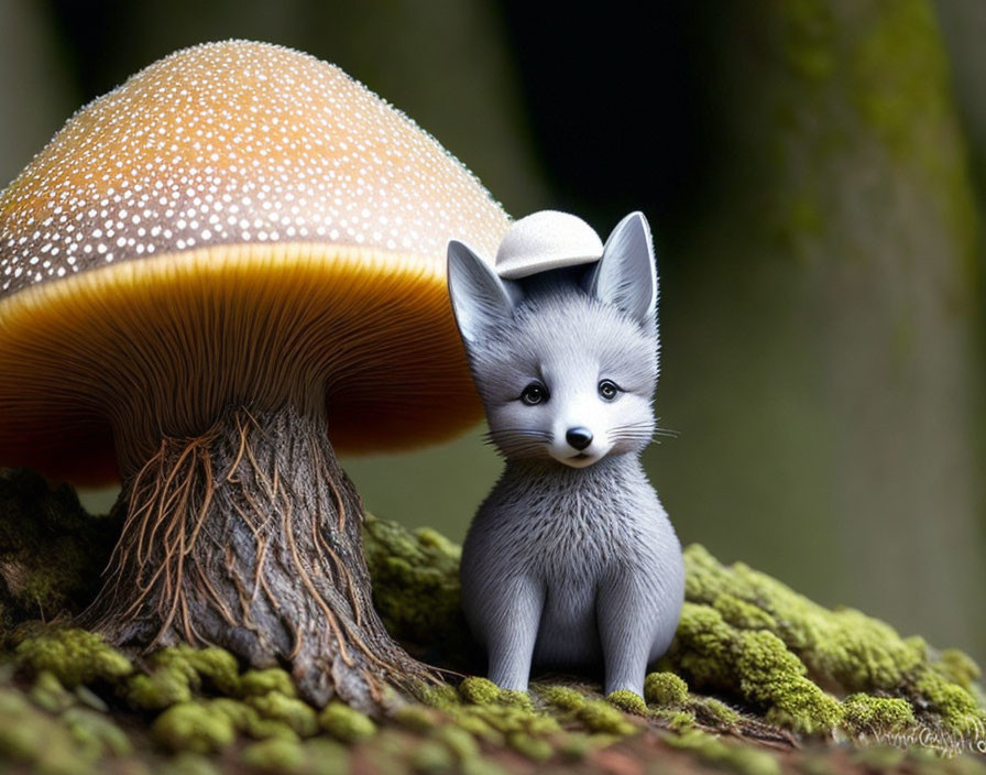 Stylized fox-like creature with tiny hat under large mushroom