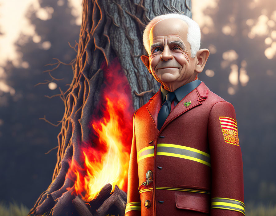 Stylized elderly male character in red uniform with medals by tree and campfire