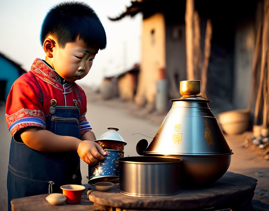 Child in traditional attire pouring tea near brass pots at golden hour