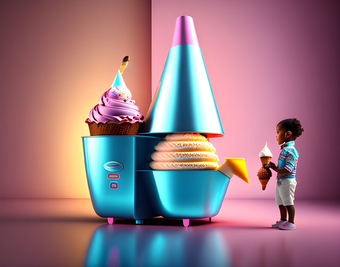 Child admires giant ice cream maker with oversized cone in hand against pink and purple backdrop