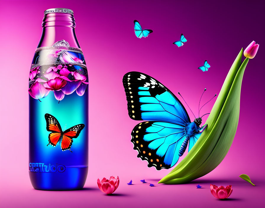 Colorful Floral Bottle and Butterfly Art with Banana and Flowers on Pink Background
