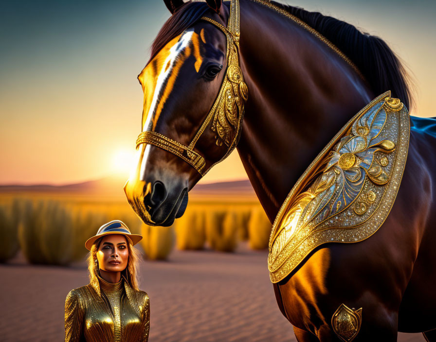Majestic horse and woman in golden attire against desert sunset.
