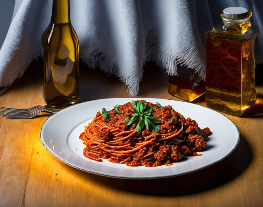 Plate of spaghetti with meat sauce, basil garnish, olive oil, vinegar bottles on wooden table.