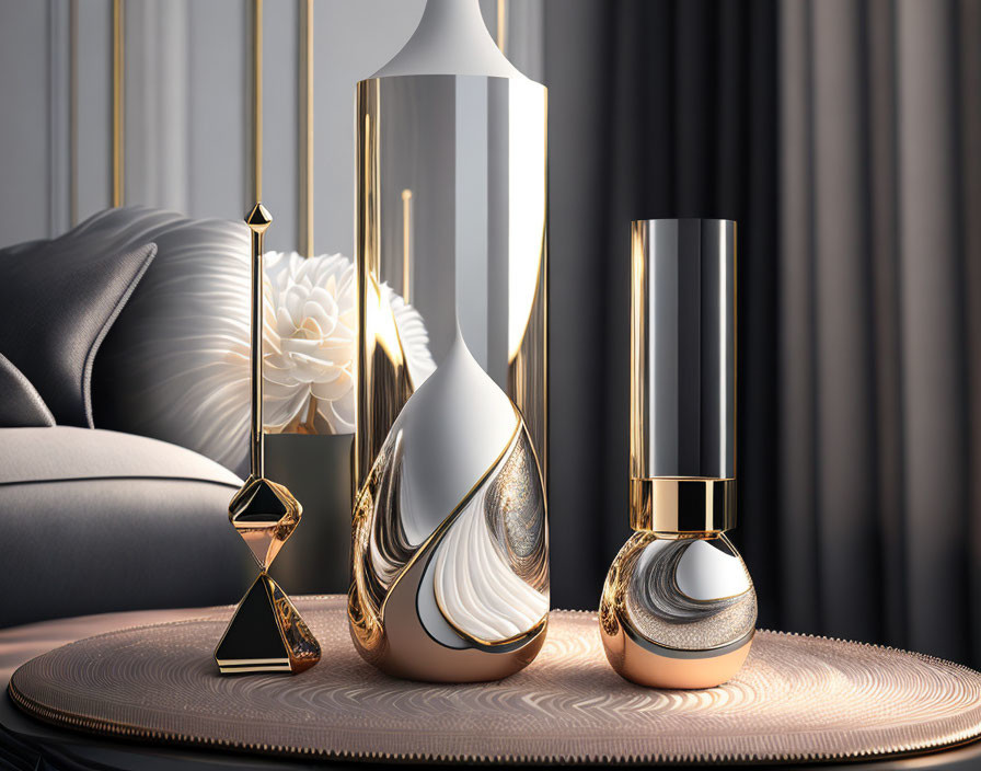 Artistic vases and geometric object on elegant interior decor table