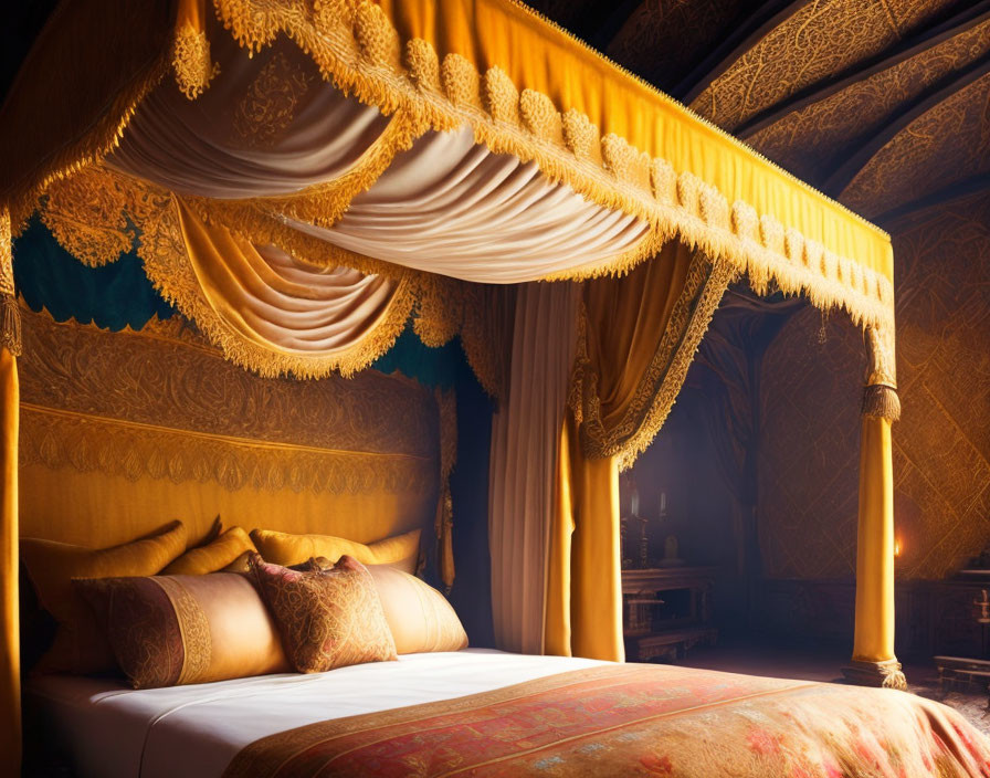 Luxurious Four-Poster Bed with Gold Draped Curtains and Ornate Wooden Details
