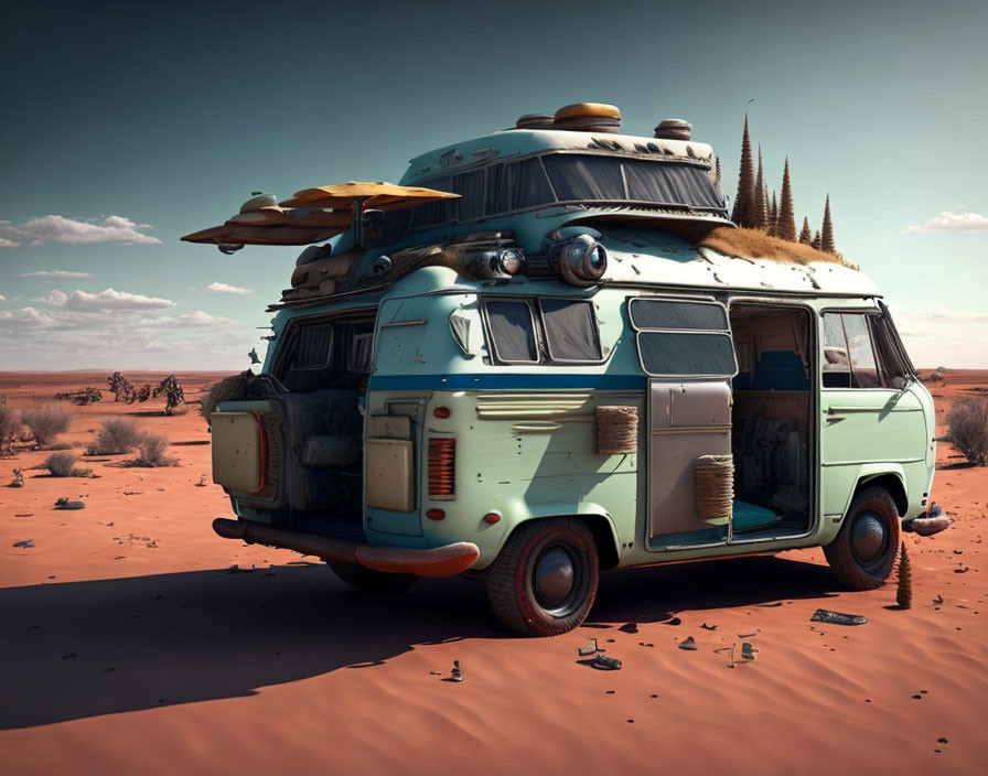Vintage van with surfboards and luggage in desert landscape.