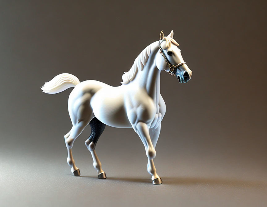 White Horse Plastic Model with Flowing Mane and Tail on Gradient Background