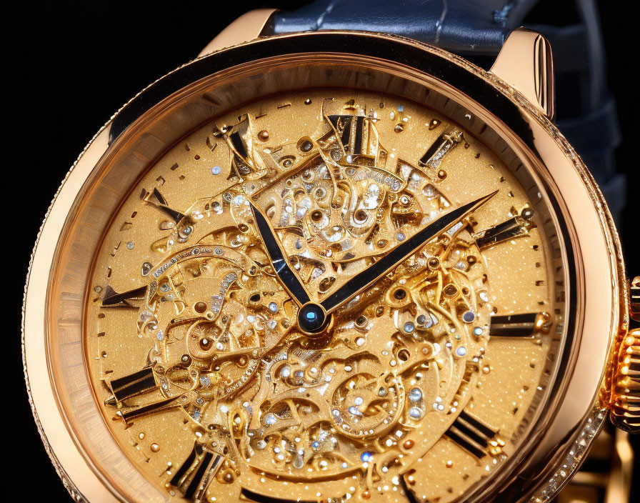 Luxury Golden Skeleton Dial Watch with Jewels and Leather Strap