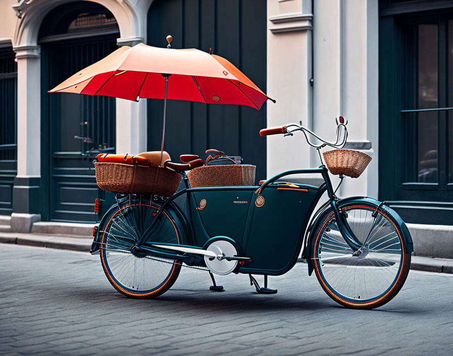 Vintage Style Blue Bicycle with Front and Rear Baskets and Red Umbrella on Cobblestone Street