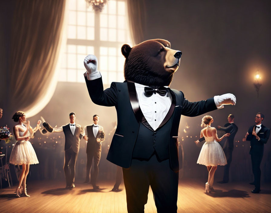 an old bear in a tuxedo at a dance