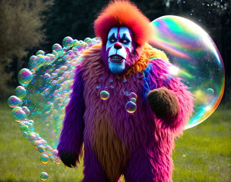 Colorful Clown Blowing Soap Bubbles in Grass Field