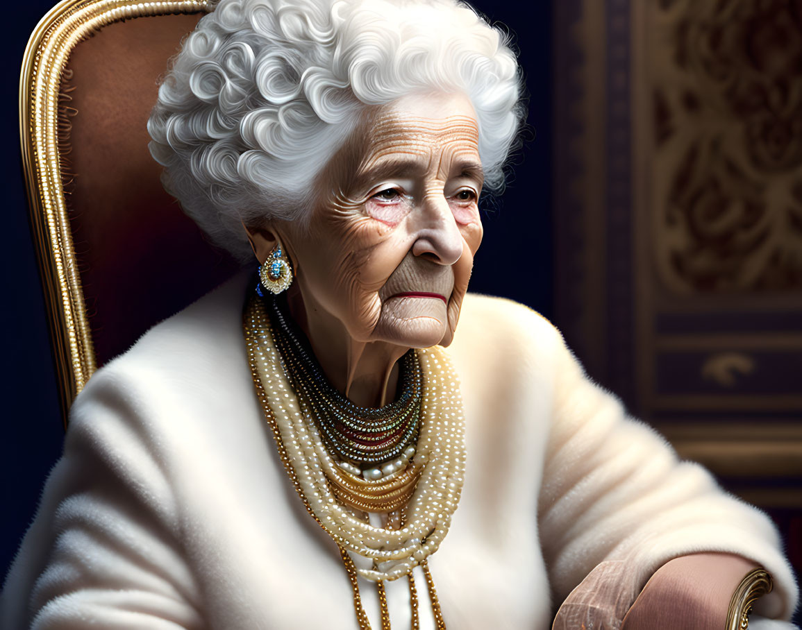 Elderly lady with white hair and pearls gazes out window