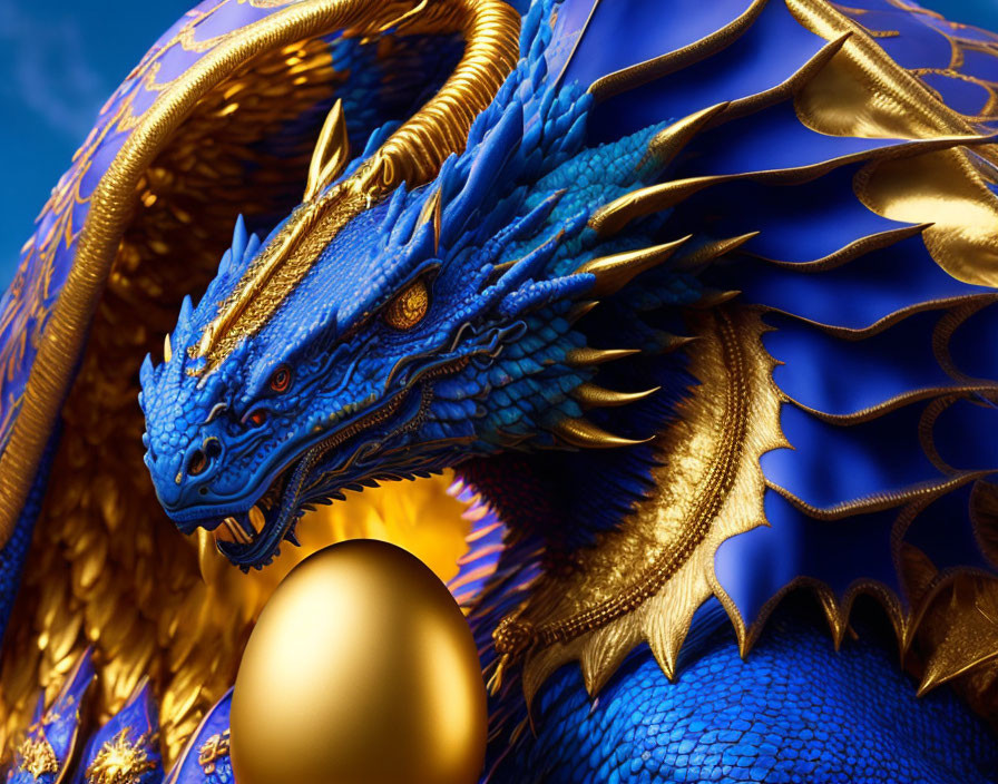 Blue and Gold Dragon Guarding Golden Egg with Intricate Scales