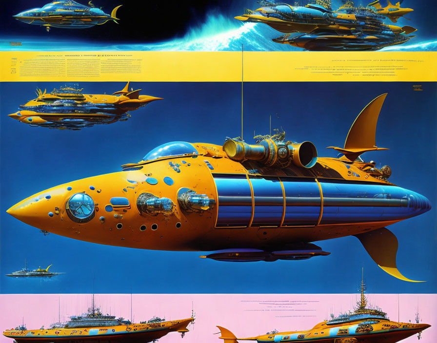 Futuristic yellow submarines in water and above, diverse designs on blue background