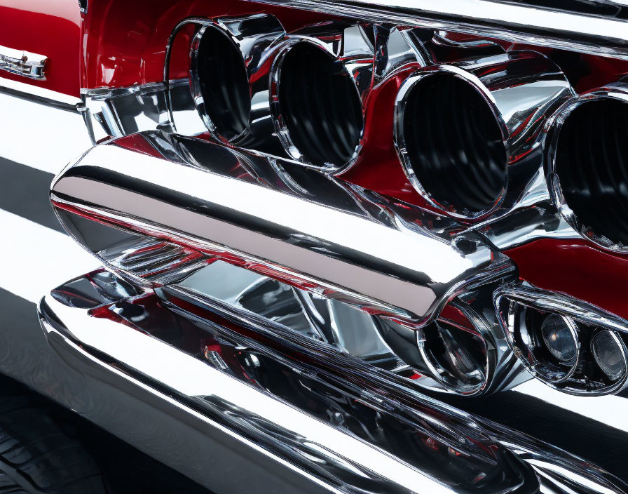 Vintage Red Car: Detailed Chrome Grille with Round Openings