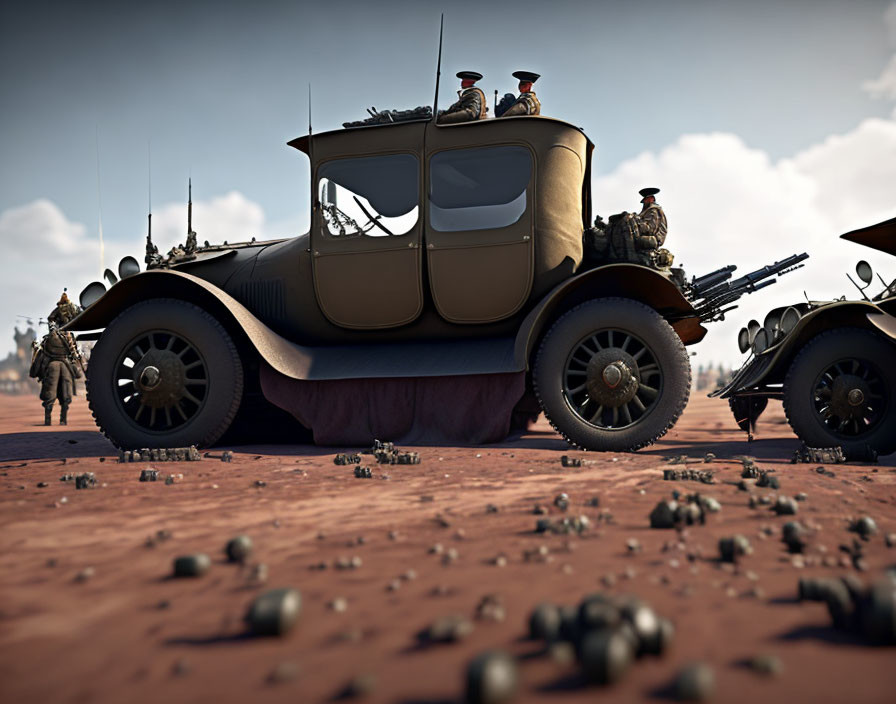 Vintage military vehicles and soldiers in desert setting with scattered bullet casings.