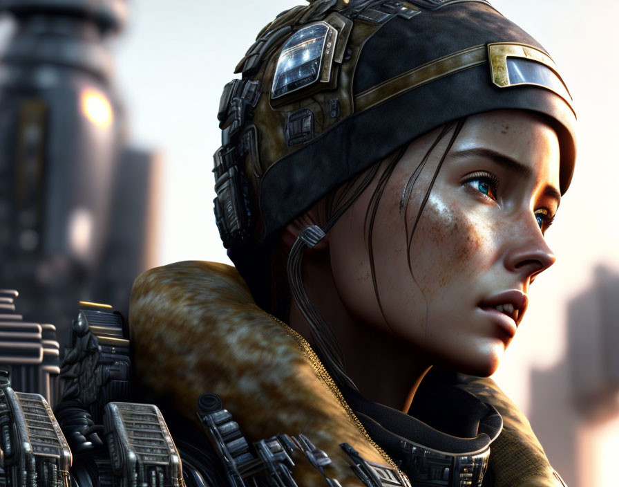 Detailed 3D Rendering of Female Character in Futuristic Military Gear
