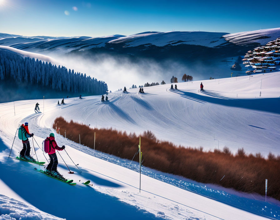 Skiers on snowy slope with scenic hills and misty background