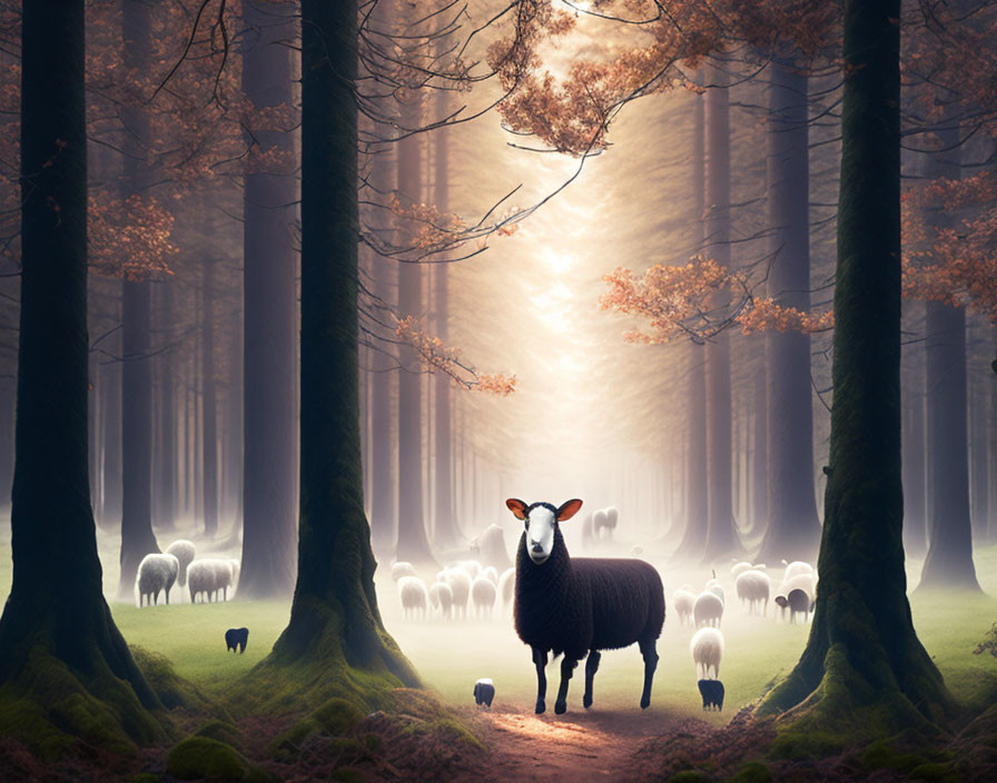 Misty forest with light beams, sheep flock in foreground