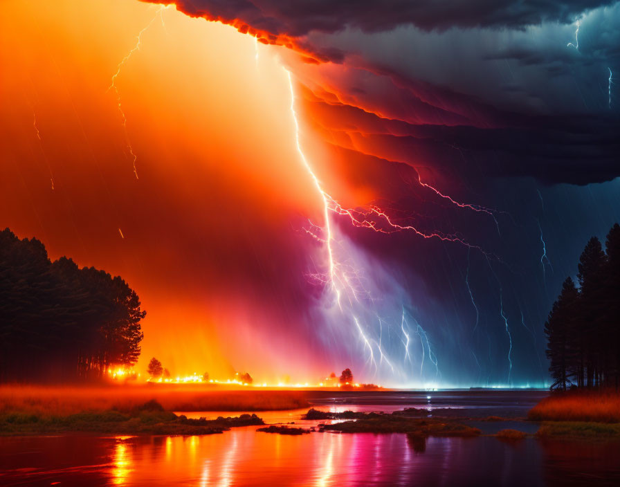 Intense lightning storm over water at sunset