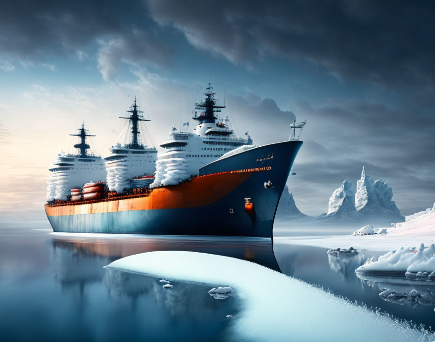 Three Icebreaker Ships Near Glacier in Twilight Sky