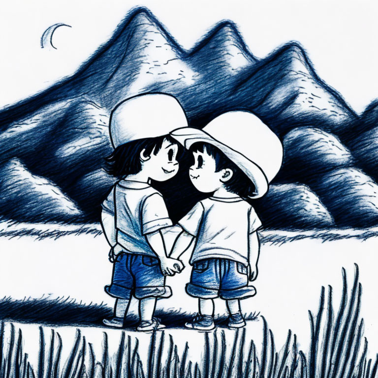 Two children in hats hold hands against mountain backdrop