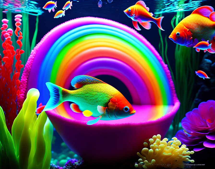 Colorful Fish Swimming Around Whimsical Rainbow in Underwater Scene