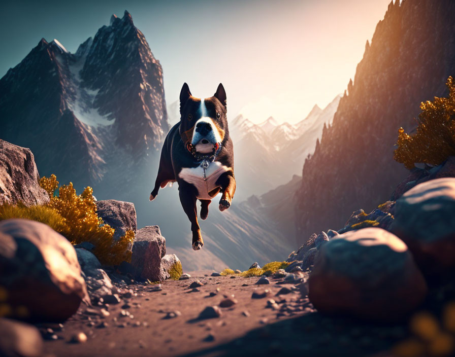 Dog running on mountain path with peaks in background under warm sunlight