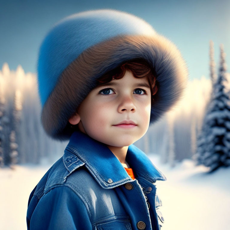 Child with Blue Eyes in Fluffy Hat and Denim Jacket in Snowy Forest