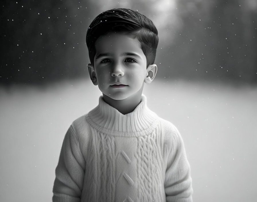 Monochrome image of young boy in knit sweater with snowy backdrop