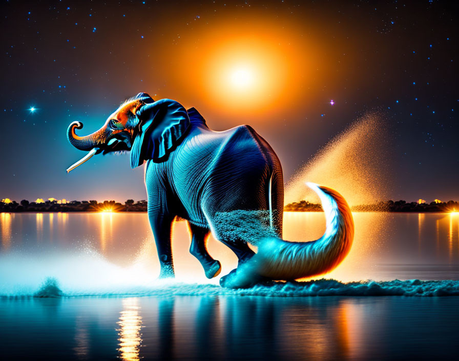 Glowing blue elephant in starry night by water body