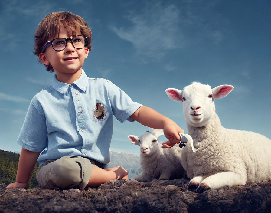 Young boy with glasses smiling beside two white sheep under clear blue sky