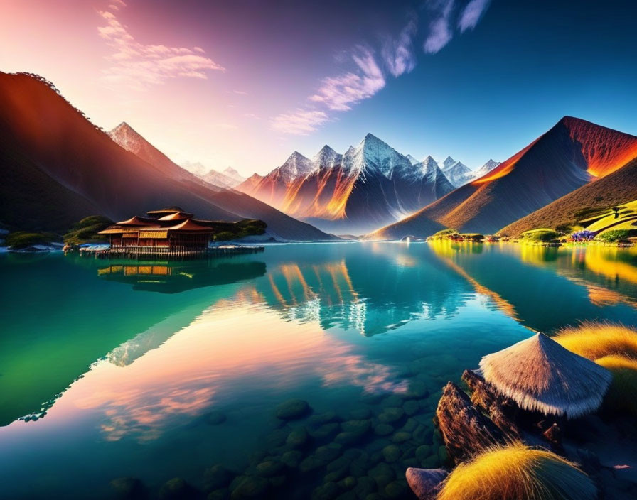 Tranquil lake with mountain range and traditional house at sunrise or sunset