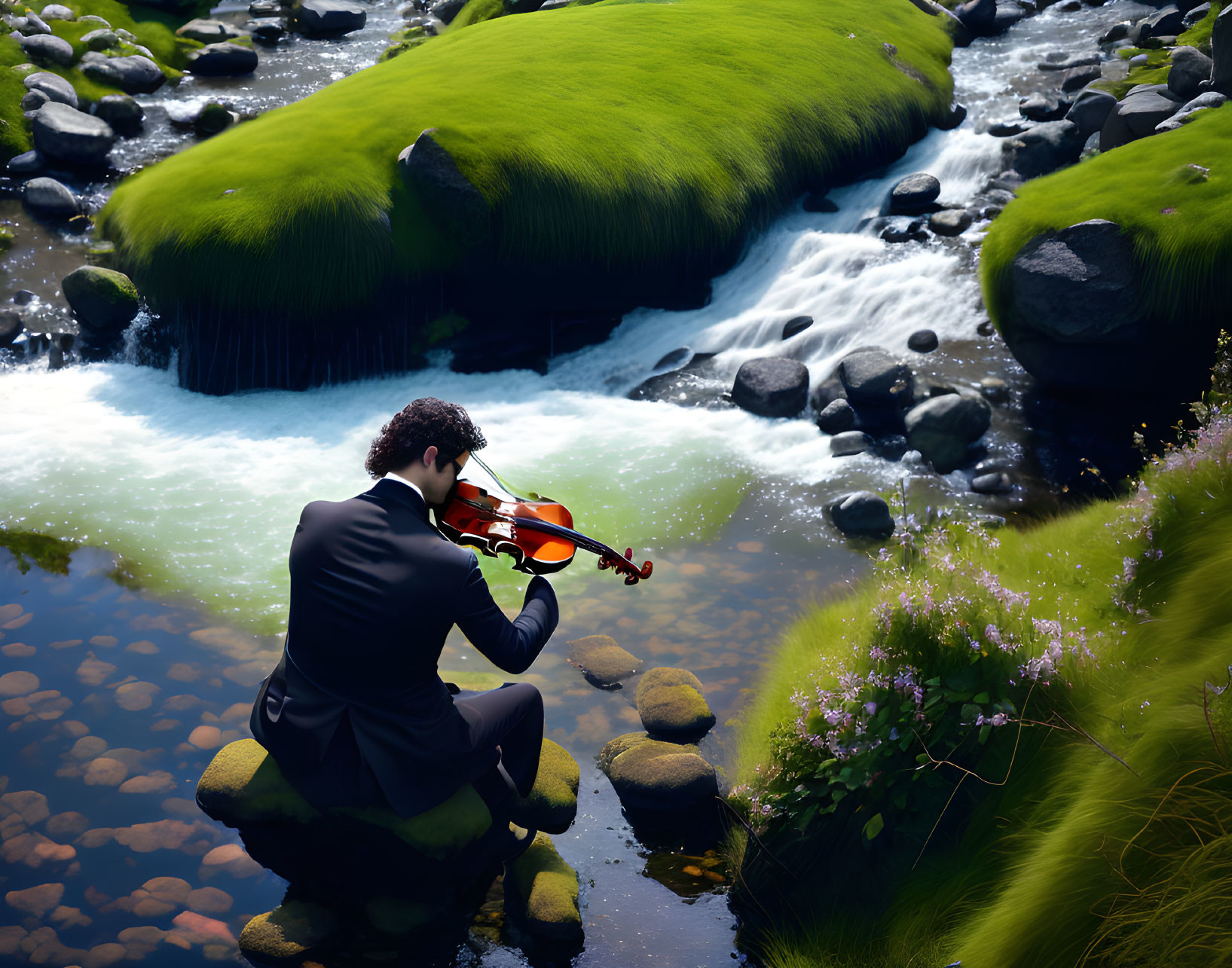 Man in suit plays violin on rocky riverbank with lush greenery & flowing water