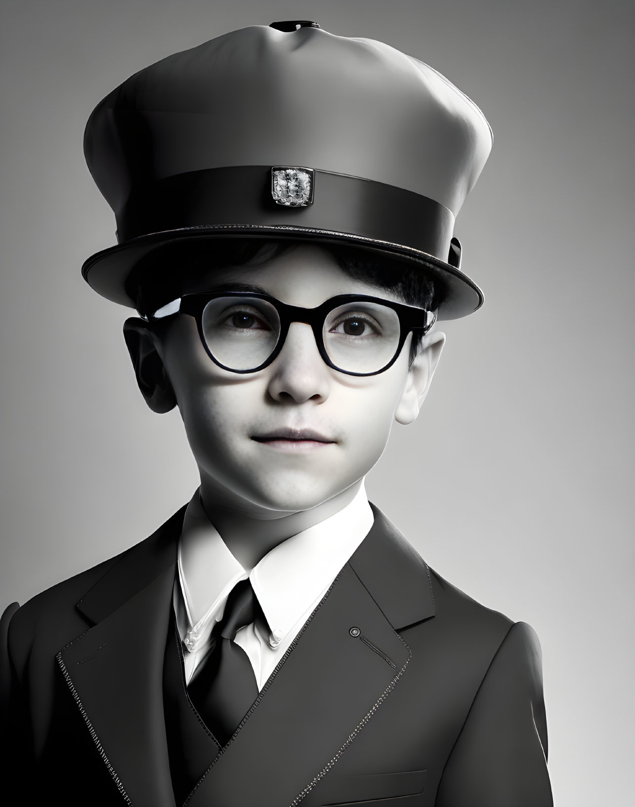 Monochromatic image of young boy in suit with oversized glasses and police hat