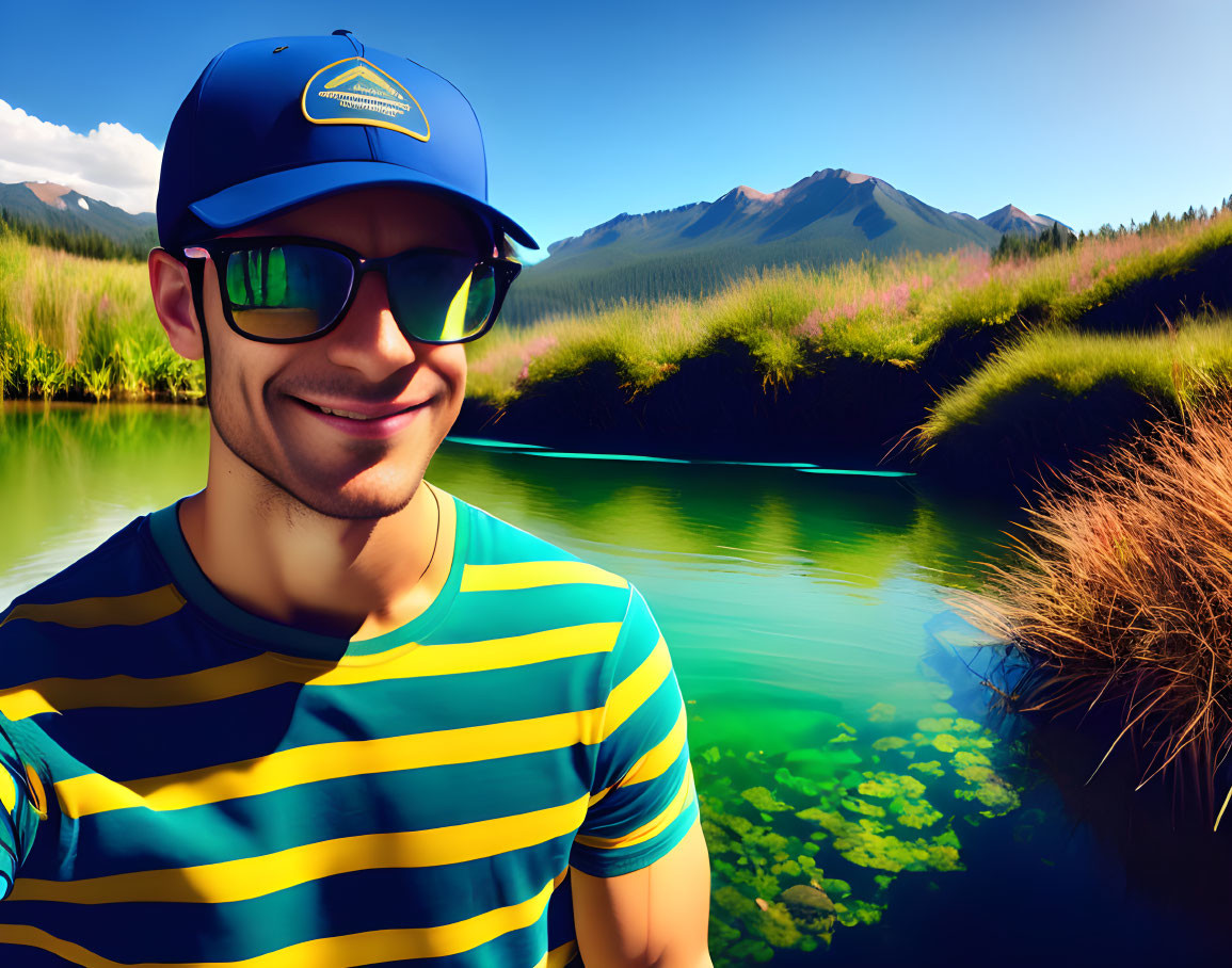 Smiling person with sunglasses and blue cap by scenic lake and mountains