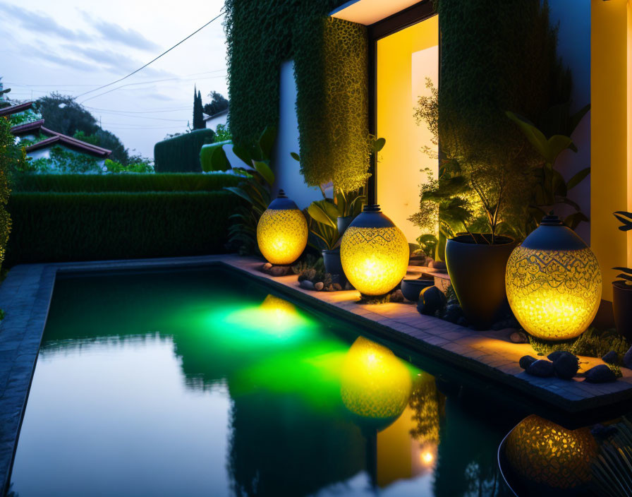 Tranquil Evening Pool Scene with Glowing Orb Lights