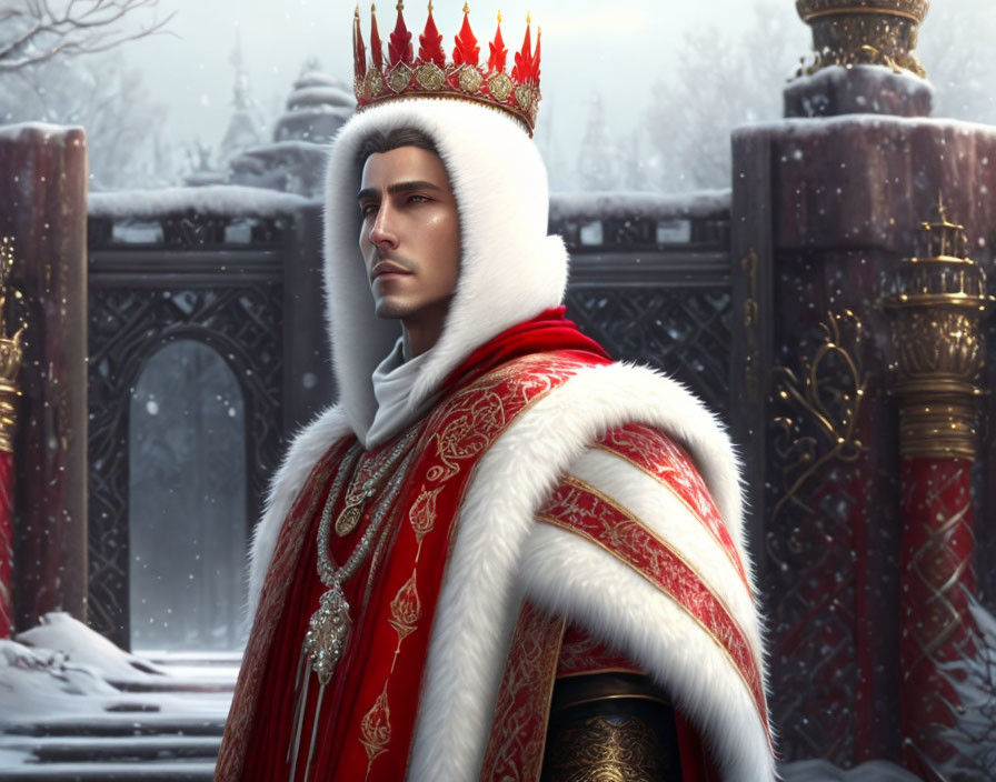 Regal figure in red and white royal robe with crown in snowy background.