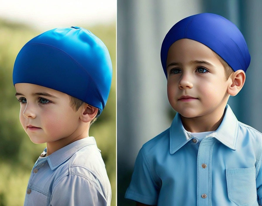 Young boy in blue swim cap and shirt poses for two soft-focused portraits