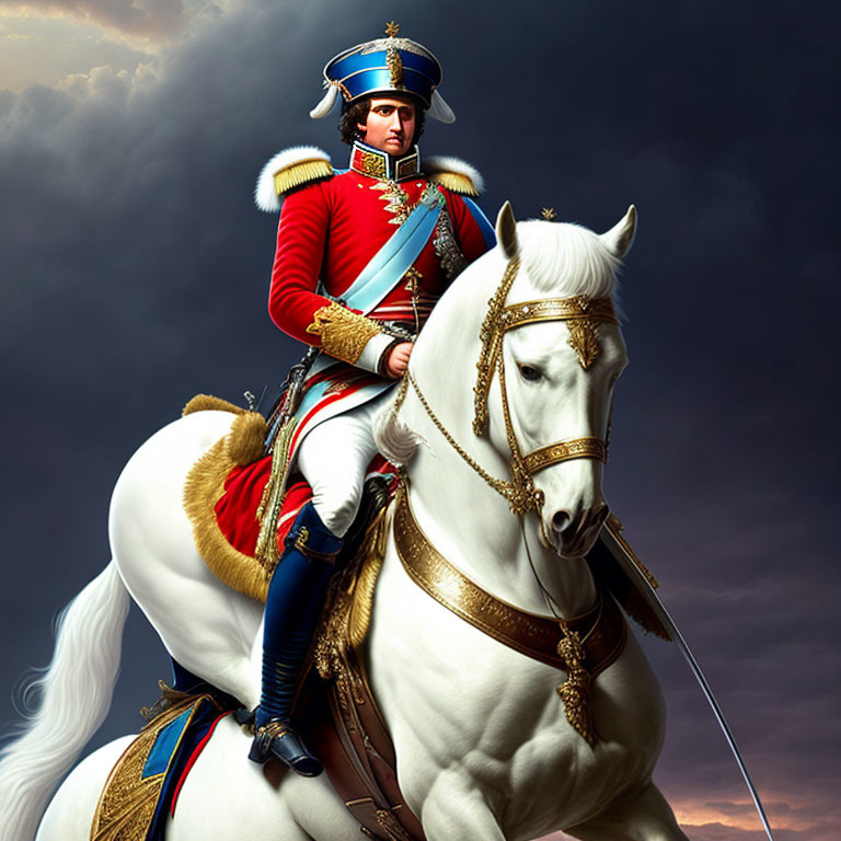 Regal Figure on White Horse in Blue Jacket and Bicorne Hat